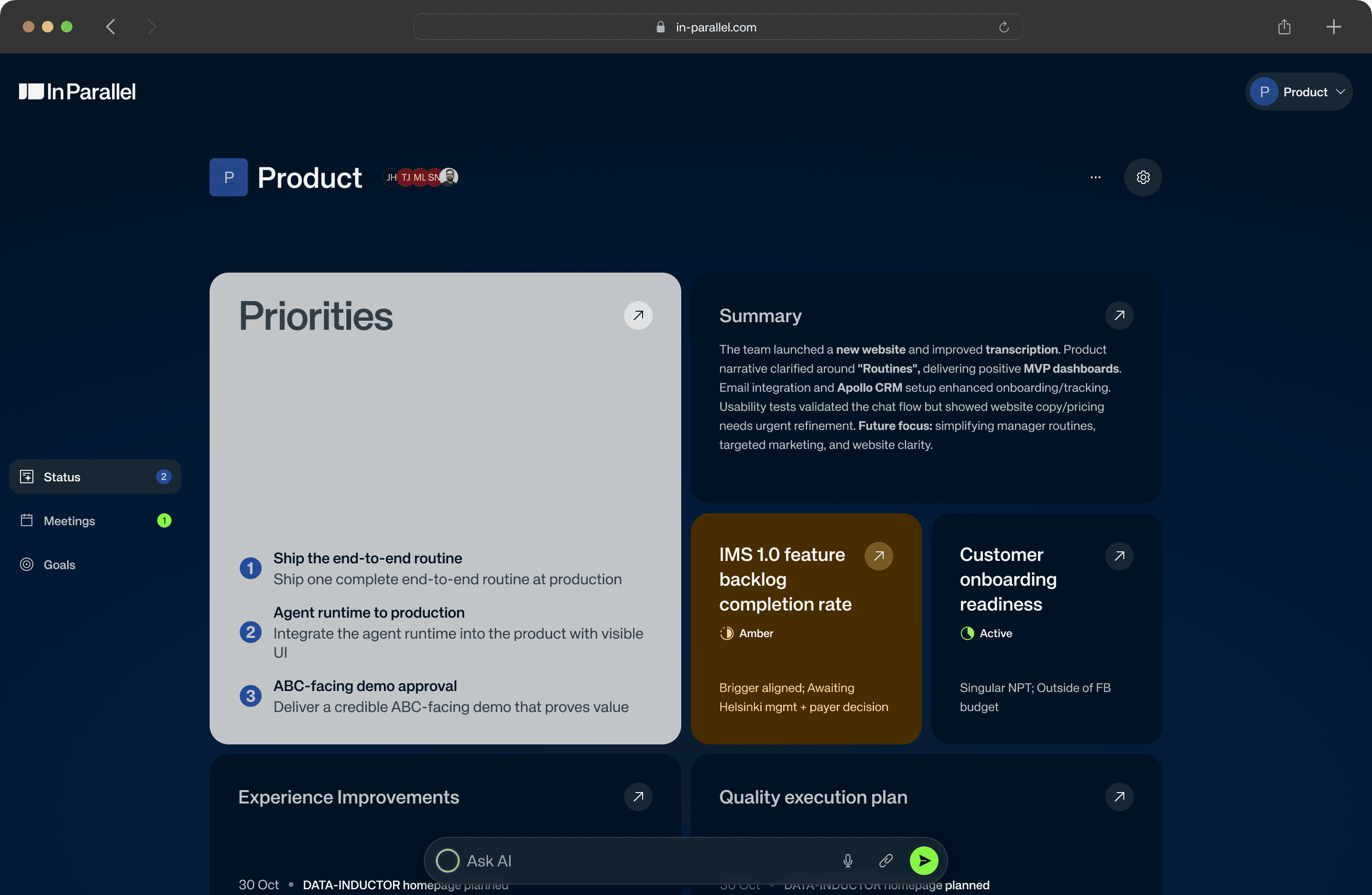 In Parallel dashboard showing a living execution plan with priorities, decisions, and real-time status